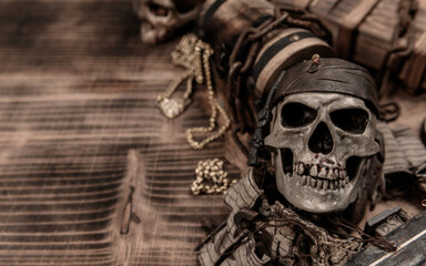 Pirate with human skull. Treasure chest and gold. Discovery equipment and explorer for disappear...
