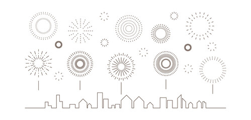Festival fireworks celebrate. Collection of firecracker black line simple on the sky over the city design on white background.  Graphic elements for Happy New year, anniversary. Vector illustration.