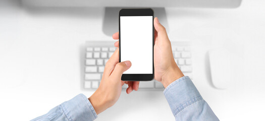 Hand holding smartphone device  touching screen