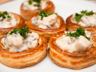 Vol-au-vent - puff pastry filled with chicken and mushrooms ragout