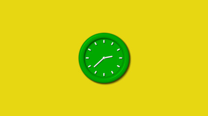 Green color 3d wall clock isolated on yellow background,3d wall clock