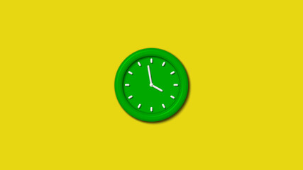 Green color 3d wall clock isolated on yellow background,3d wall clock