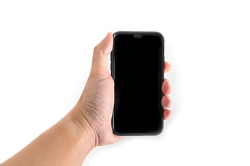 Hand to hold mobile phone isolated on white background