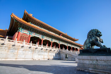 Taihe Gate and the stone lions at the gate of the Forbidden City in Beijing