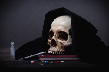 Still life of human skull that died for a long times ,concept of horror or thriller movies of scary...