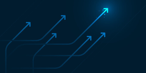 Glow up devious arrows on dark blue background with copy space business growth concept