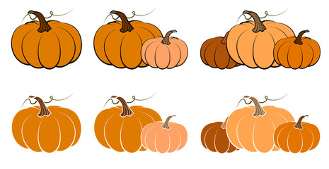 orange pumpkin fruit set. Autumn harvest. Autumn Halloween pumpkins. Edible plants. Isolated vector on white background in flat style