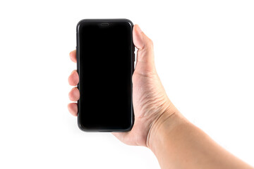 Hand to hold mobile phone isolated