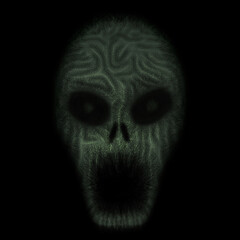 Green patterned skull or alien head with open mouth on a black background, digital painting, concept for suspense and horror.