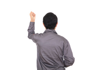 In front of a white background, wearing overalls with his back to the camera, making a fist and...