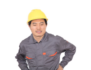 Construction migrant worker sprained waist in front of white background