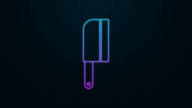 Glowing neon line Meat chopper icon isolated on black background. Kitchen knife for meat. Butcher knife. 4K Video motion graphic animation