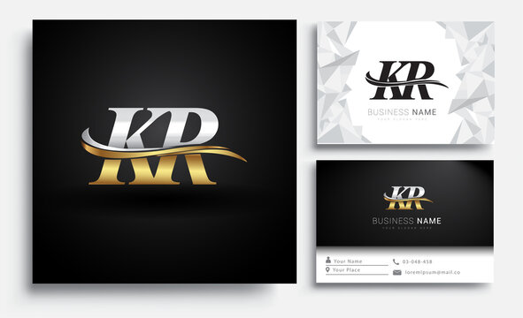 initial letter KR logotype company name colored gold and silver swoosh design. Vector sets for business identity on white background.