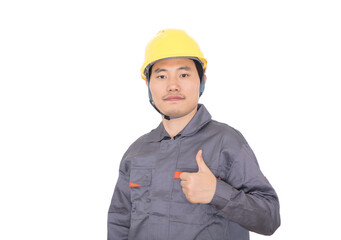 Young worker thumbing up with yellow hard hat in front of white background