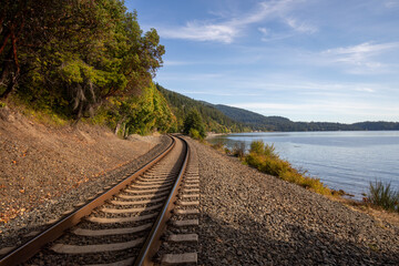 American railroad tracks by Pacific Ocean at Bellingham Bay Washington State © Daniel