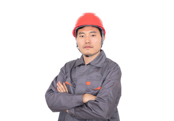 Oriental character wearing hard hat holding hands standing in front of white background