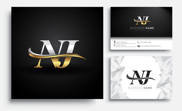 initial letter NJ logotype company name colored gold and silver swoosh design. Vector sets for business identity on white background.