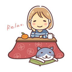 こたつでくつろぐ女性とネコのイラスト