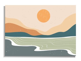 Mid century modern minimalist. Abstract nature, sea, sky, sun, river, rock mountain landscape poster. Geometric landscape background in scandinavian style. Vector illustration;