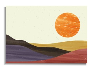 creative minimalist hand painted illustrations of Mid century modern. Abstract nature, sea, sky, sun, river, rock mountain landscape poster. Geometric landscape background