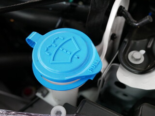 windshield washer fluid reservoir cap in engine room.