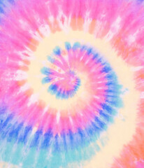 Spiral tie dye wallpaper. Swirl tiedye background in pink blue and green. Boho hippie tie-dye pattern. - obrazy, fototapety, plakaty