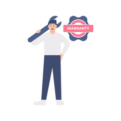 illustration of a man or warranty officer standing holding a spanner. warranty or warranty concept, engineer, repairman. flat design. can be used for elements, landing pages, UI