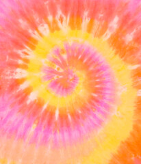 Spiral Tie Dye Pattern. Hippie TieDye Wallpaper Background. Swirl Tie-dye in pink orange and yellow. Boho. - 381540444