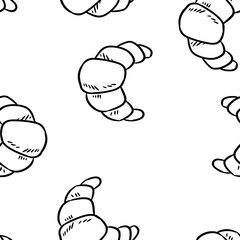 Tasty croissant doodles seamless border pattern. Cute cartoon tasty pastry repeatable background tile. Cozy template of stock illustration for wrapping design, wallpaper