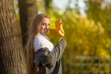 Attractive happy woman holding yellow autumn leaves in her hands. Portrait of a pretty young woman with light brown hair on a background of golden foliage in the park. Joyful autumn mood. Fall season.