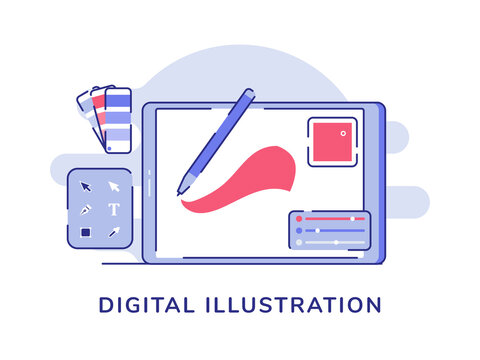 Digital illustration pen drawing on tab nearby tool box palette color white isolated background with flat outline style