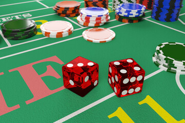 Close up of dice on a craps table. Gambling concept. 3d illustration.
