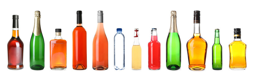 Set of bottles with different liquids on white background. Banner design