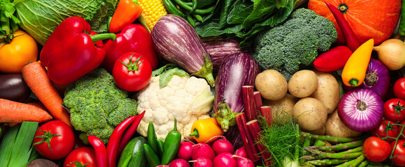 Many fresh different vegetables as background, top view. Banner design - Powered by Adobe