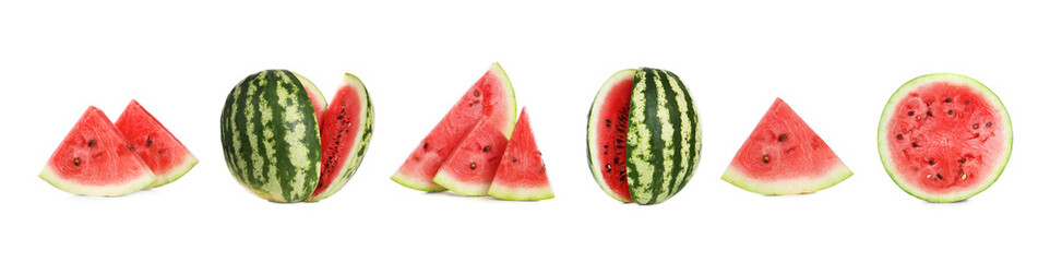 Set of fresh watermelons on white background. Banner design