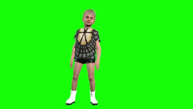 3d animation of a small avatar boy wearing shorts and a colourful top, performs different moves, standing, greeting, walking and dancing.