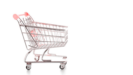 Sales icon. Empty trolley cart for supermarket isolated on white. Food shopping basket for retail market. Grocery push cart for shopping trendy modern fashion background. Online shopping concept.