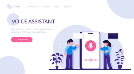 User with voice assistant or voice controlled smart speaker. Voice activated digital assistants, home automation hub, internet of things concept. Modern flat illustration.