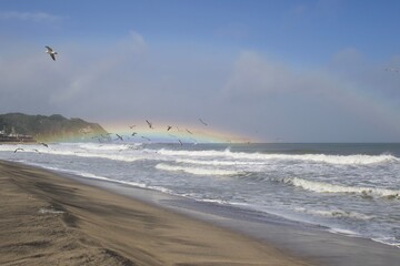 Seagulls flying towards a rainbow on the beach in Japan. There are waves breaking in the Pacific Ocean just off the coast of Chiba Japan.