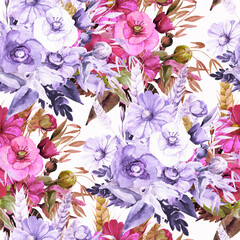 Summer bouquet of flowers.Seamless pattern.Image on white and colored background