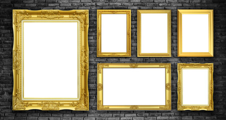 Empty Golden Picture Frame on brick wall background.