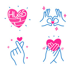 hands with heart. Hands in shape of love, finger Heart gesture, hand on chest and hugging heart doodle hand drawn line art illustration.