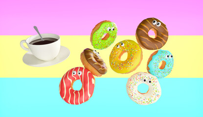 3d illustration. Colorful sweet donuts and a white Cup of coffee on a blue background