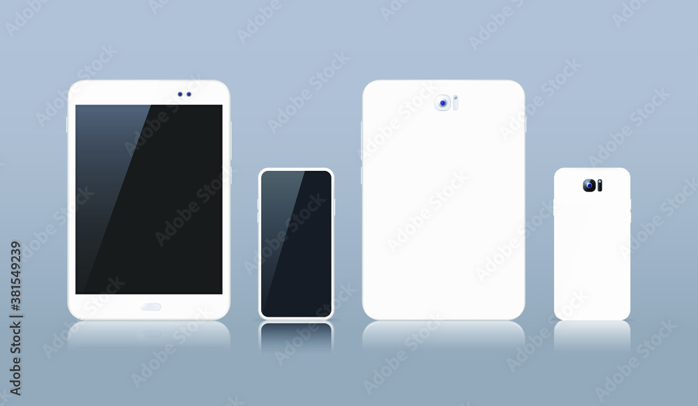 Poster realistic electronic white devices on grey background . tablet and smartphone with empty screen . is