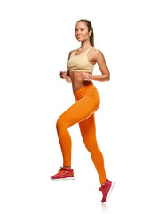 Full photo of fit healthy woman running on white studio background