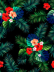 Tropical vector seamless background. Jungle pattern with exitic flowers, and palm leaves. Stock vector. Jungle vector vintage wallpaper