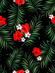 Fotobehang Tropische vector naadloze achtergrond. Jungle patroon met spannende bloemen en palmbladeren. Voorraad vector. Jungle vector vintage behang © Logunova  Elena