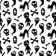 Happy Halloween-seamless pattern with set of characters-witch's black cat, zombie, ghost, skull. Textured background for greeting card, invitation, party poster, banner