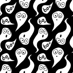 Obraz premium Vector seamless pattern with cute Ghosts. Background and texture for Halloween design, fabric, wrapping, textile, greeting card, party invitation