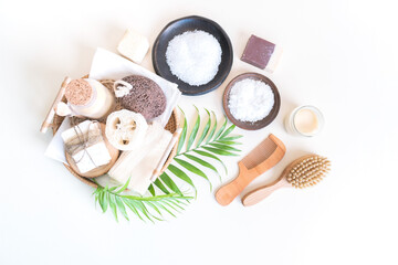 Eco friendly cosmetics. Body care. Home recipe from nature. White background.